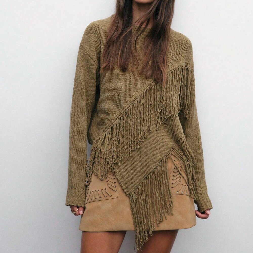 Army Green Casual Women's Knit Sweater with Fringe & Asymmetric Hem